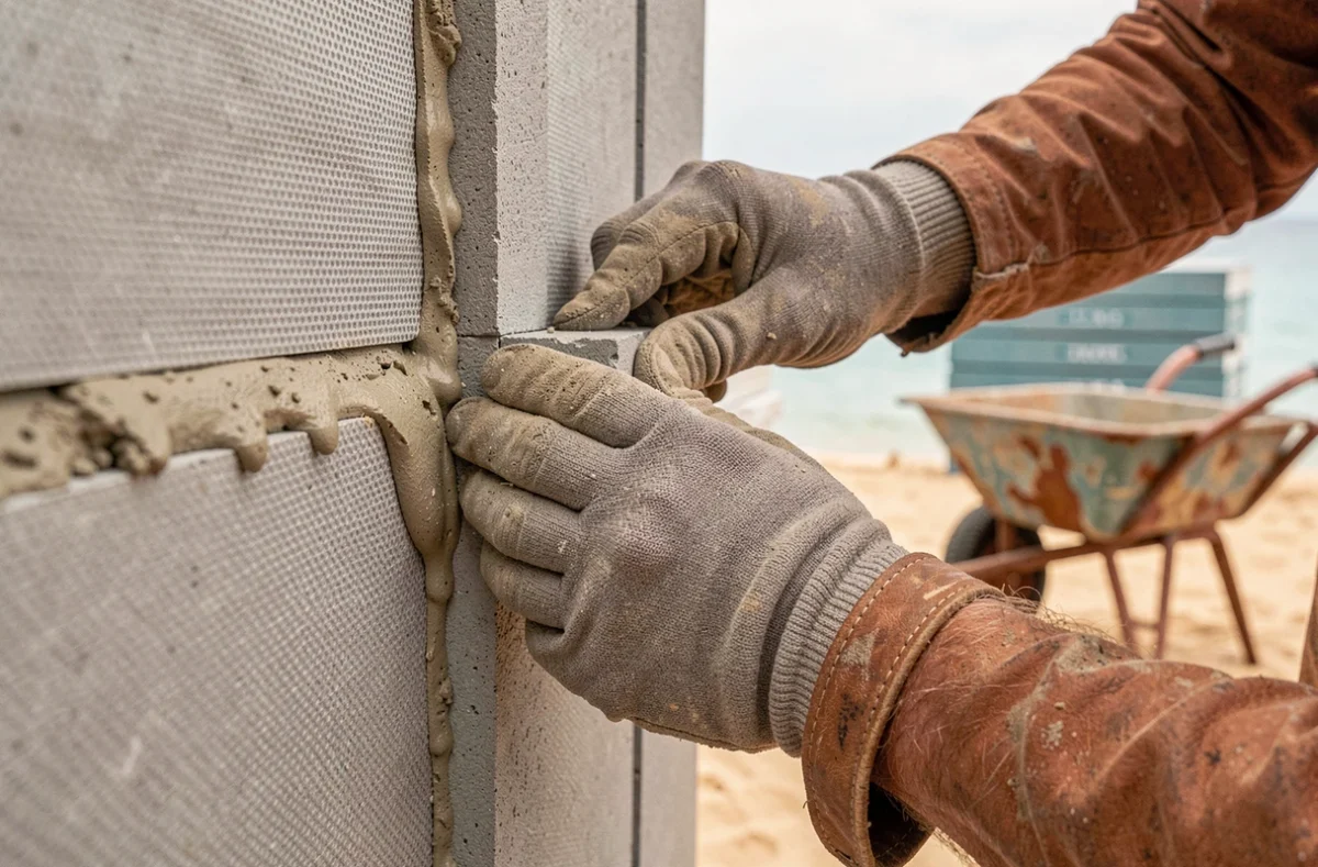 Gros plan sur les mains d'un maçon appliquant une membrane hydrofuge sur un mur de villa en bord de mer avec matériaux de construction résistants au sel