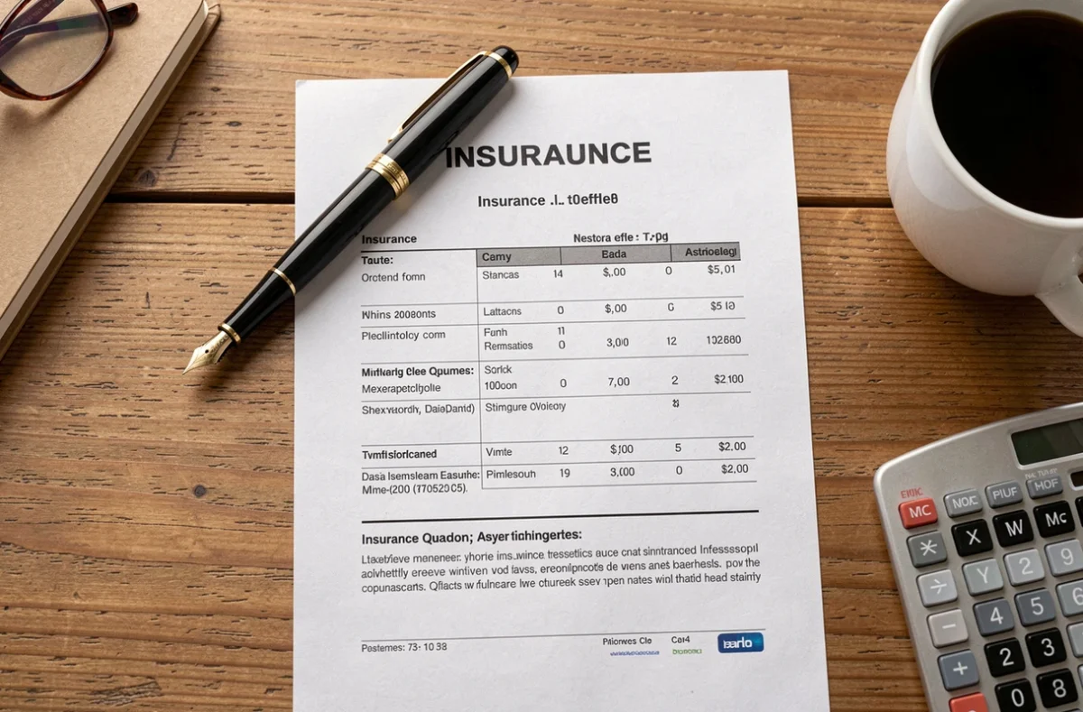 Vue de dessus d'un devis d'assurance PNO avec calculatrice et stylo sur un bureau en bois