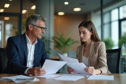 Directeur RH d'une PME discutant du comité interprofessionnel du logement avec une salariée dans un bureau moderne