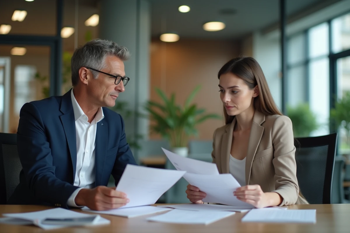 Directeur RH d'une PME discutant du comité interprofessionnel du logement avec une salariée dans un bureau moderne