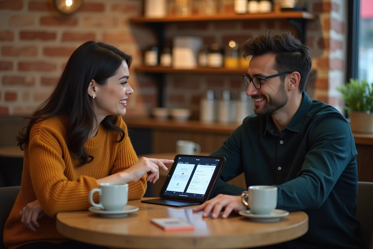 Deux collègues discutant et comparant les fonctionnalités de deux applications professionnelles dans un café