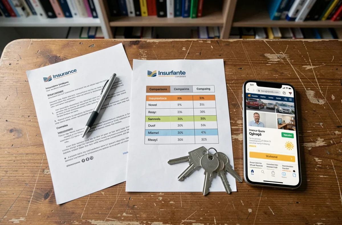Documents d'assurance habitation, clés et smartphone posés sur un bureau en bois pour comparer les offres