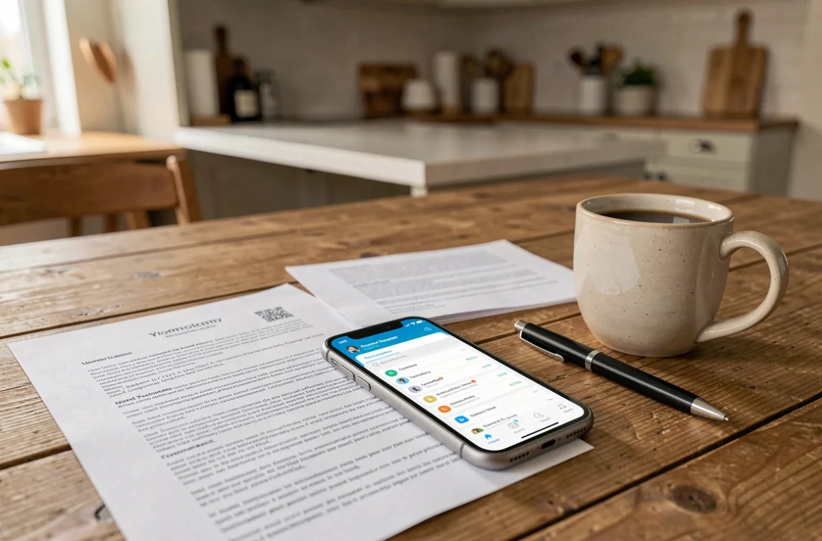 Documents de propriétaire et smartphone affichant MyFoncia posés sur une table en bois avec une tasse de café