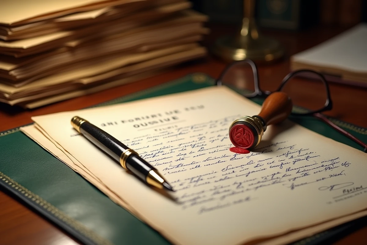 Dossier de succession avec tampon notarial et annotations manuscrites sur un bureau en bois