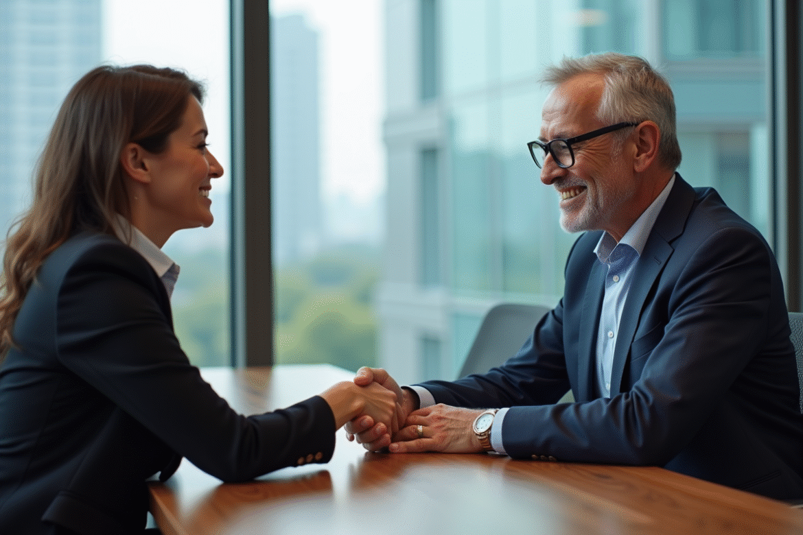 Homme d'affaires et femme souriants lors d'un échange en salle moderne