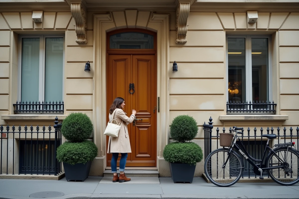 Femme entrant dans un appartement T2 en rez-de-chaussée dans un immeuble haussmannien parisien, façade avec grilles de sécurité et vélos