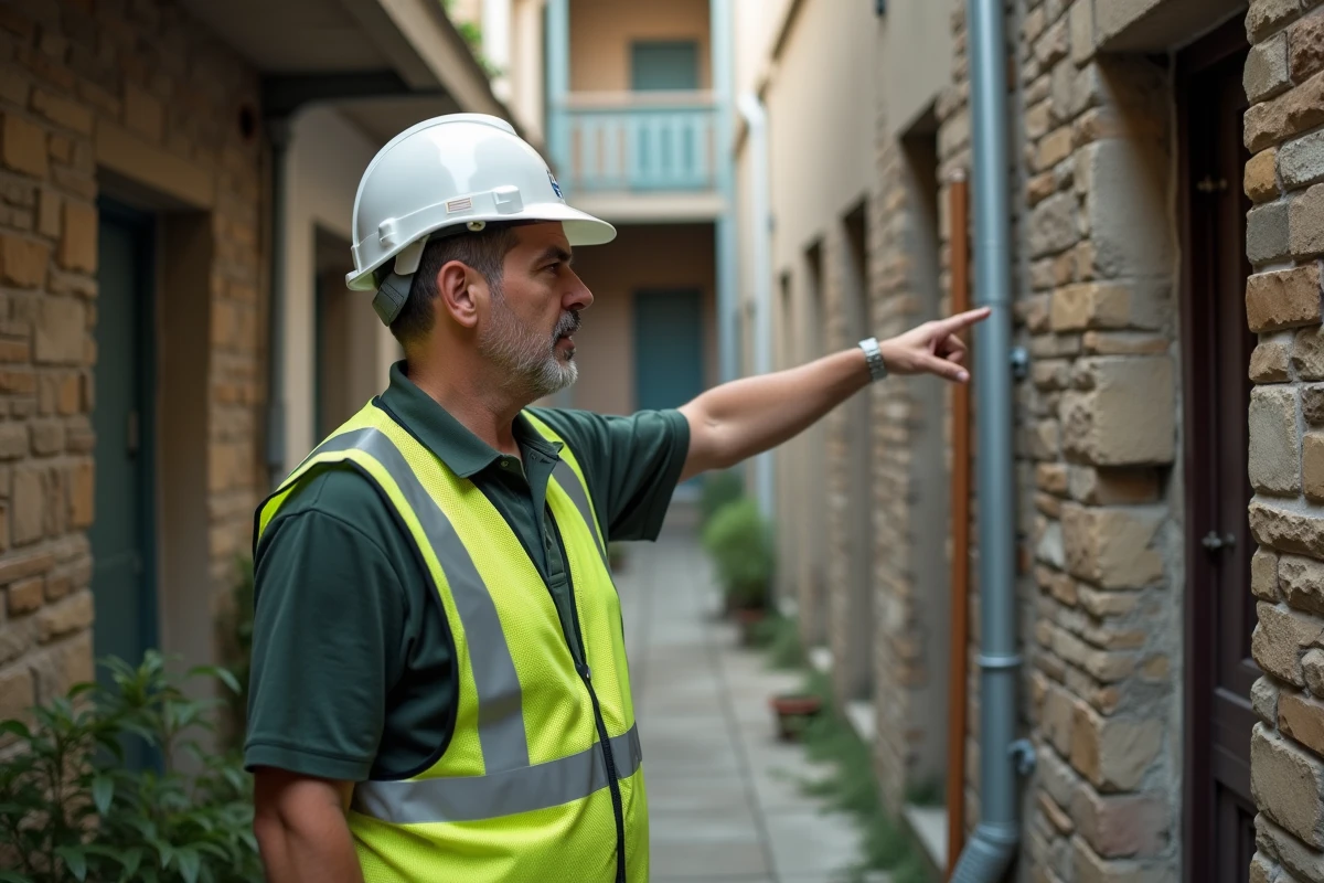 Entrepreneur du bâtiment inspectant un mur mitoyen dans une cour d'immeuble avant des travaux de voisinage