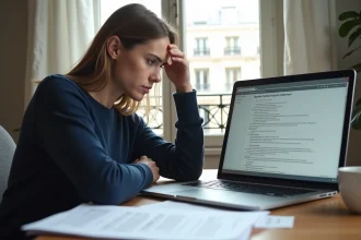 Jeune femme frustrée devant son ordinateur avec un dossier de location Paris bloqué par des erreurs sur Locannonce