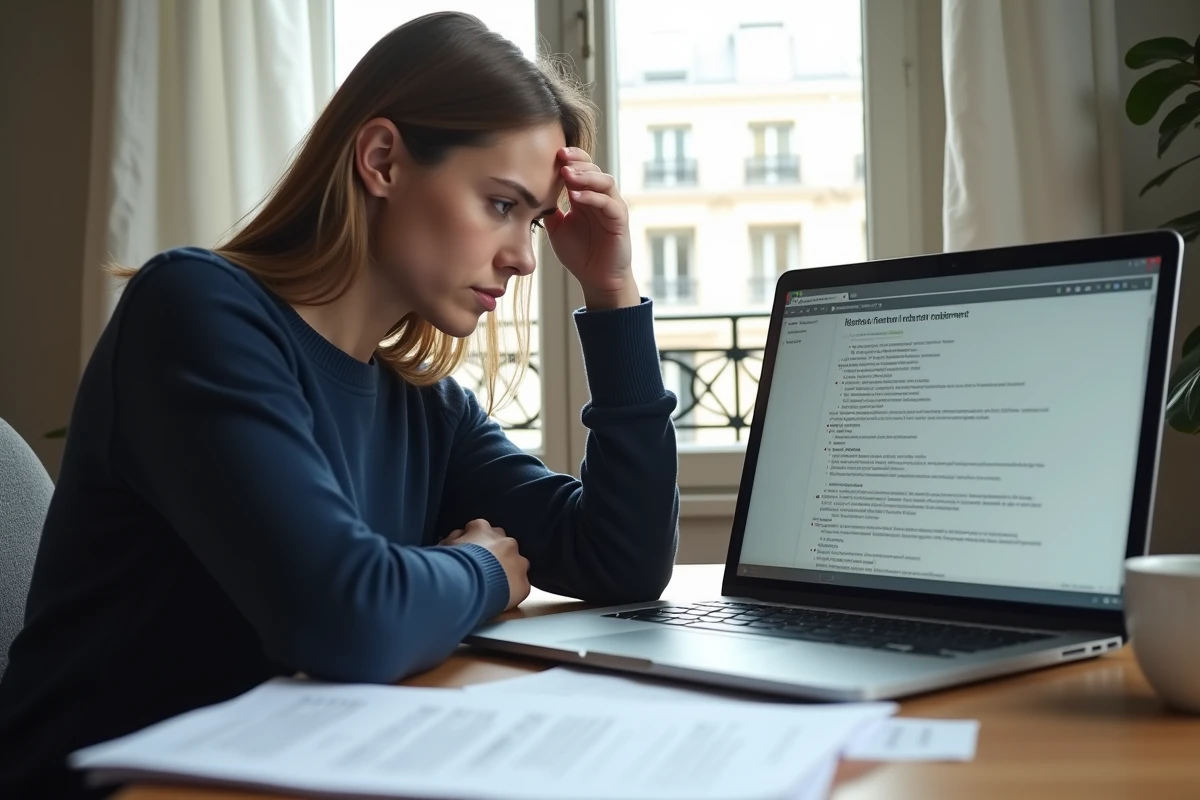 Jeune femme frustrée devant son ordinateur avec un dossier de location Paris bloqué par des erreurs sur Locannonce
