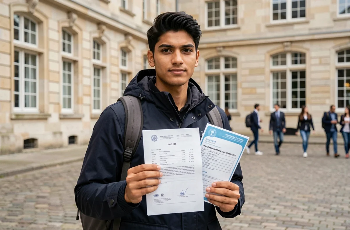 Étudiant étranger tenant un contrat d'assurance habitation devant un bâtiment universitaire français
