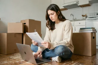Étudiante consultant son assurance habitation MAE sur un ordinateur portable dans un appartement étudiant avec des cartons de déménagement