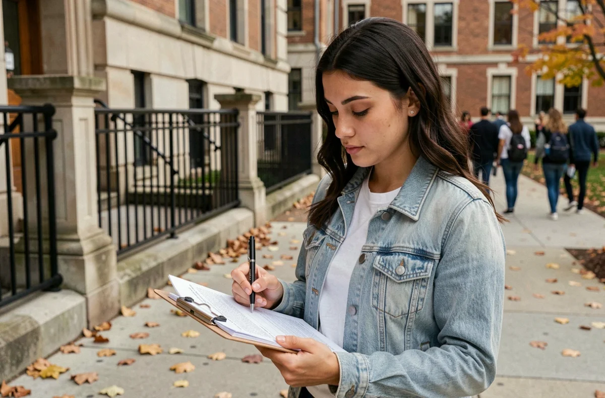 Étudiante remplissant un formulaire d'inscription à l'assurance habitation MAE devant un bâtiment universitaire