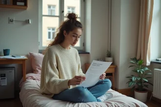 Jeune étudiante dans un studio meublé de petite surface révisant un contrat de location