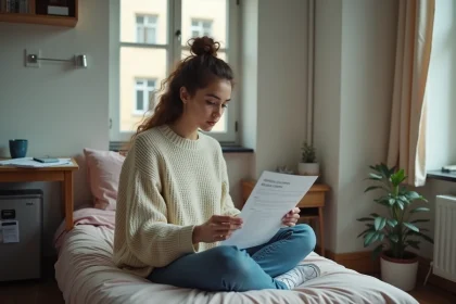 Jeune étudiante dans un studio meublé de petite surface révisant un contrat de location