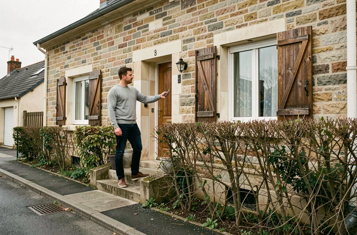 Un jeune homme évalue une maison particulière à louer depuis l'extérieur avant de négocier le loyer avec le propriétaire