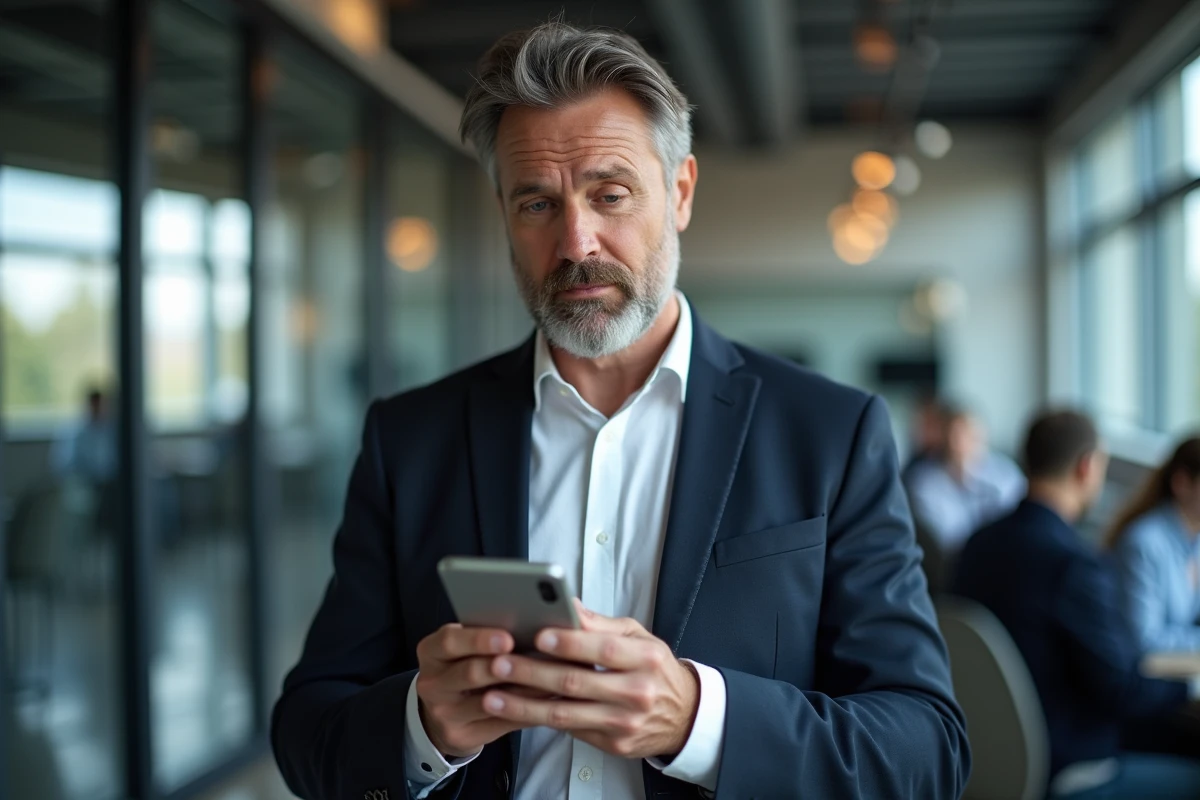 Homme en espace de coworking évaluant deux plateformes de mise en relation professionnelle sur son smartphone