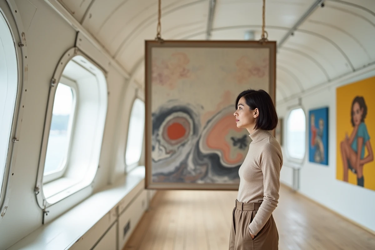 Exposition d'art contemporain à bord d'une péniche culturelle à Lyon, une femme contemplant une peinture abstraite dans l'espace galerie aménagé sur le bateau