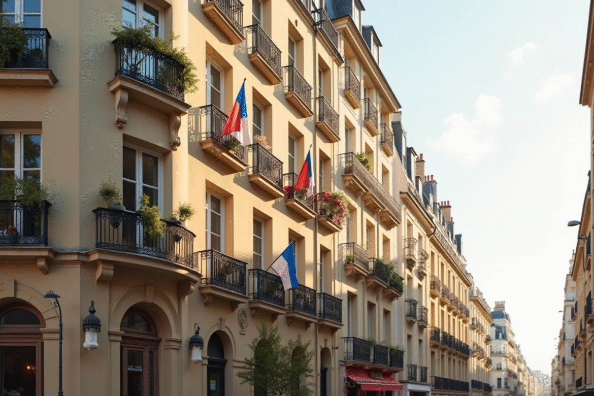 Façade d'un immeuble parisien avec balcons et drapeaux français