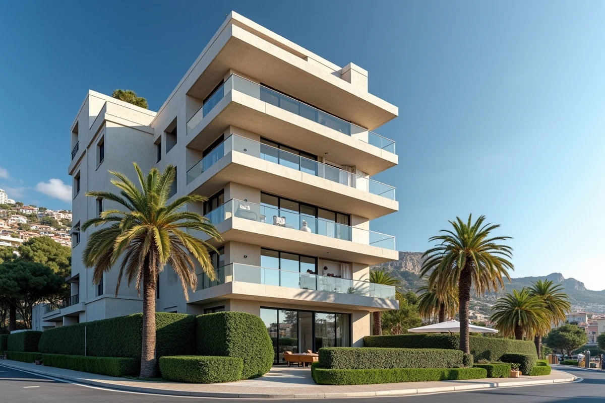 Façade d'immeuble résidentiel de luxe dans le quartier La Rousse à Monaco avec balcons vitrés et palmiers