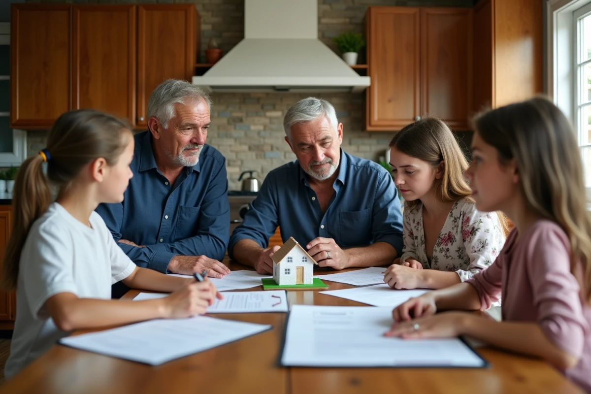 Famille recomposée réunie autour d'une table pour examiner des documents liés à l'héritage d'une maison parentale