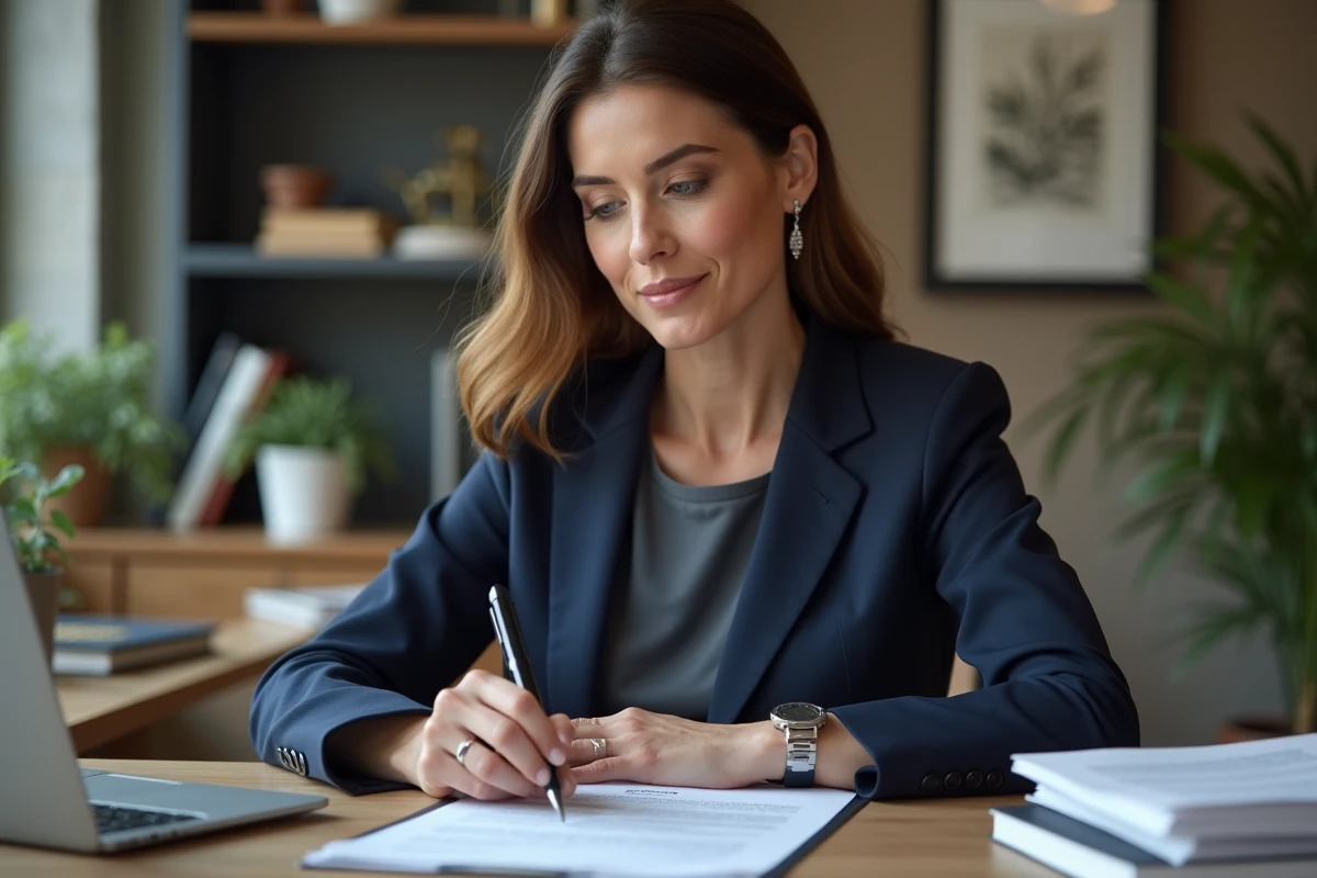 Femme d'affaires en costume lisant un contrat dans un bureau moderne