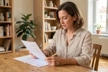 Femme consultant les documents de son assurance habitation La Banque Postale à la table de sa cuisine