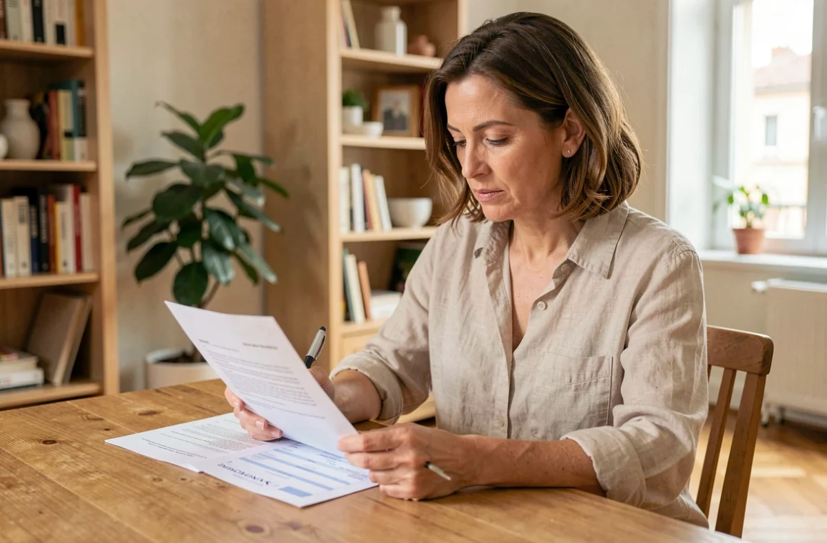 Femme consultant les documents de son assurance habitation La Banque Postale à la table de sa cuisine