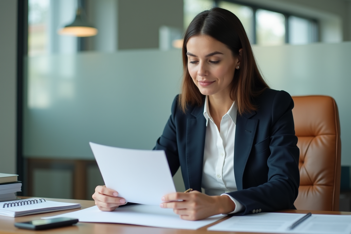 Femme d affaires examinant un document d assurance au bureau