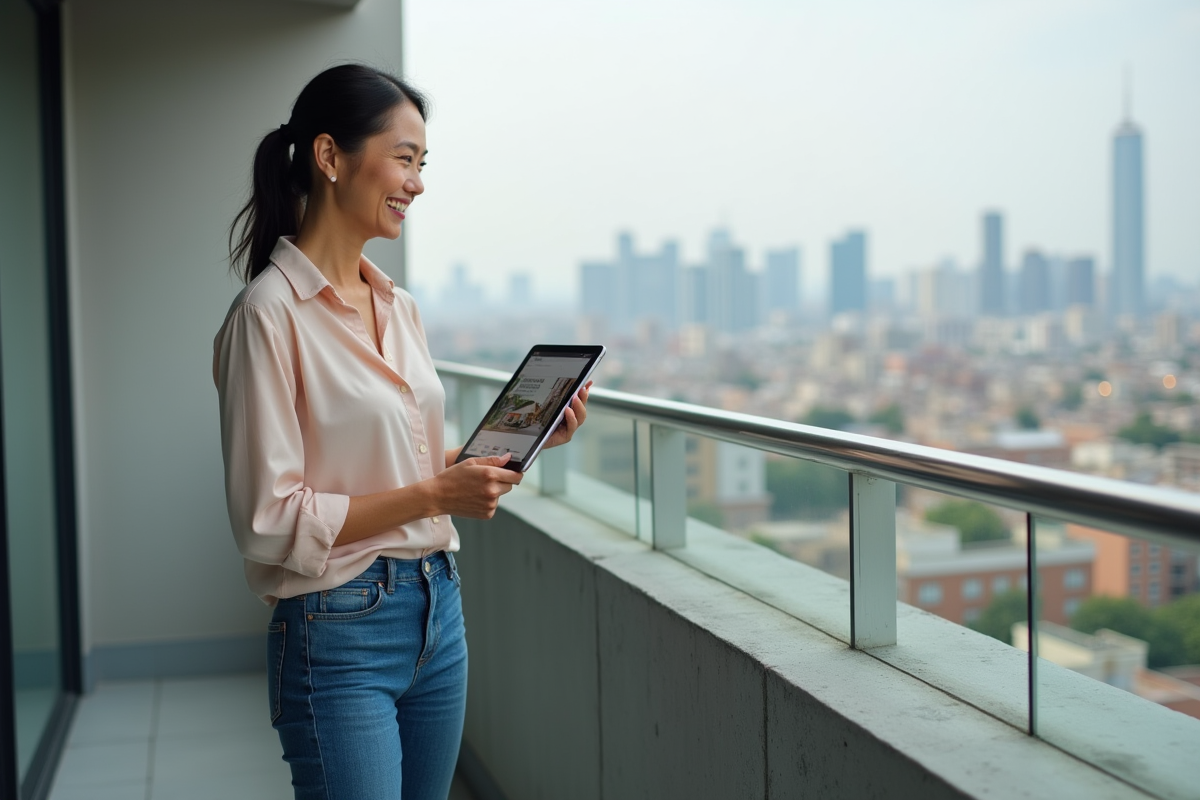 Femme souriante avec tablette sur balcon d appartement neuf