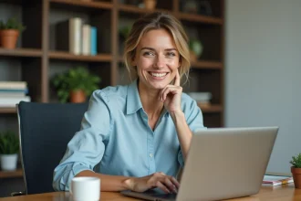 Femme souriante travaillant sur un ordinateur portable à la maison