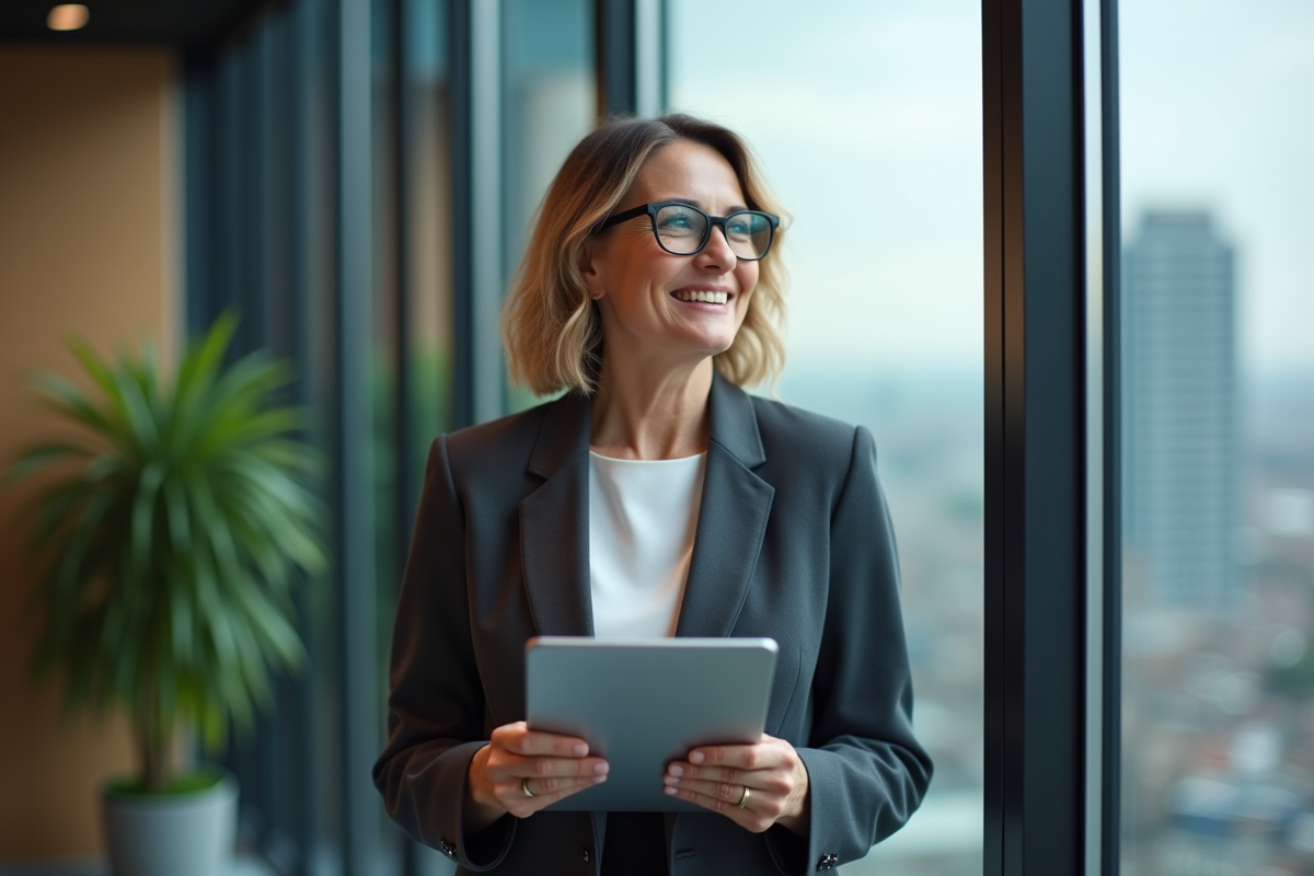 Femme souriante regardant par la fenêtre avec une tablette