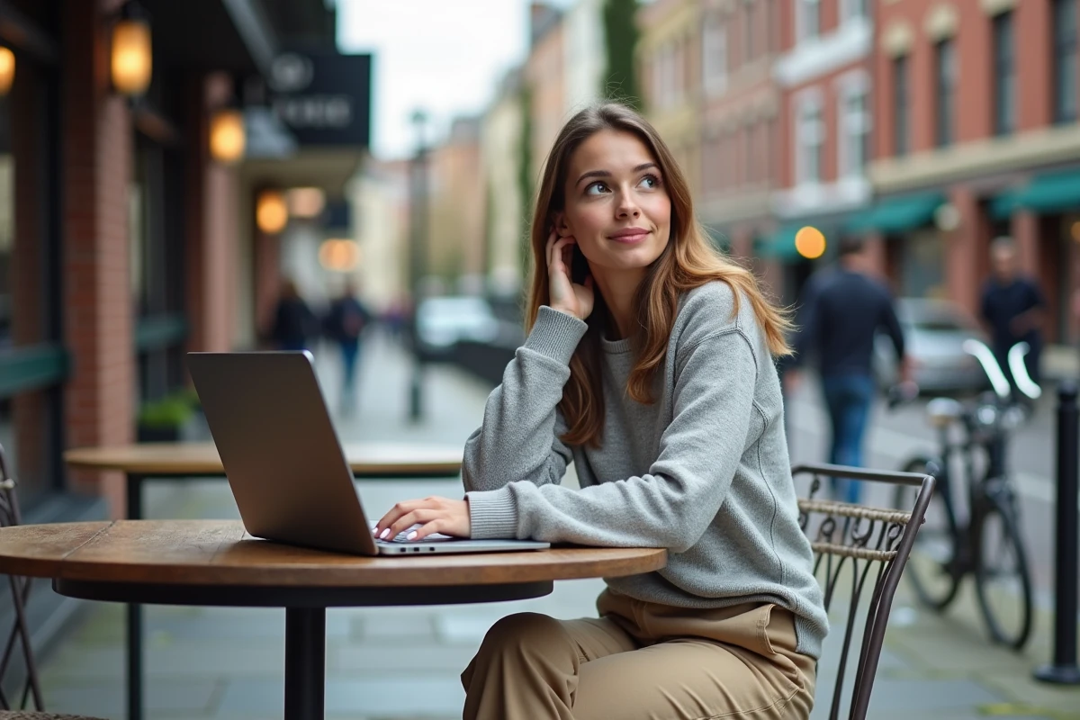 Jeune femme travaillant sur un ordinateur dans un café en zone urbaine