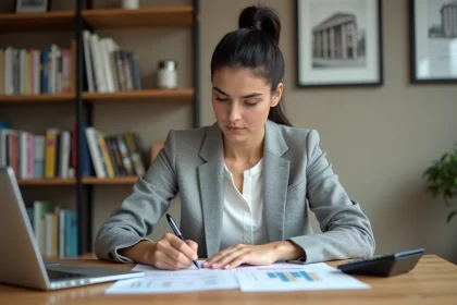 Femme consultant des documents sur le plafond de ressources loi Pinel à son bureau à domicile