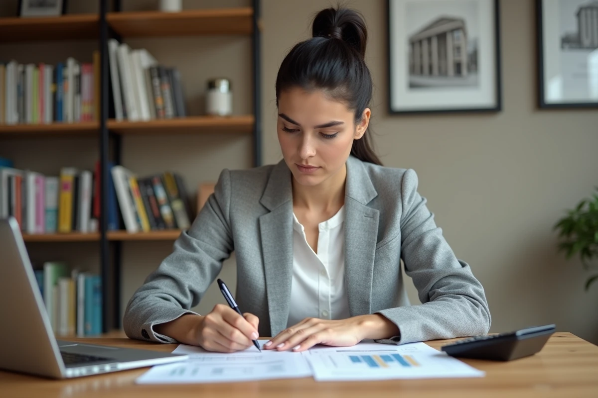 Femme consultant des documents sur le plafond de ressources loi Pinel à son bureau à domicile