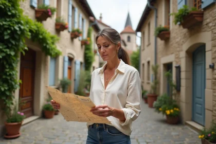 Femme consultant une carte de quartier dans une rue pavée de Bergerac avec des bâtiments en pierre ancienne