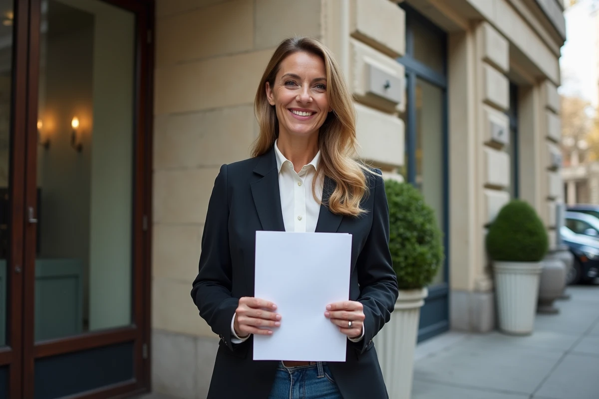 Femme souriante tenant un dossier d