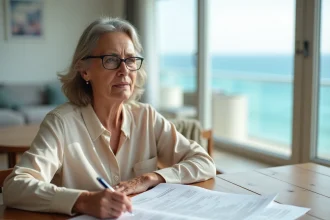 Femme lisant un contrat de copropriété dans un appartement avec vue sur mer, documents immobiliers étalés sur la table