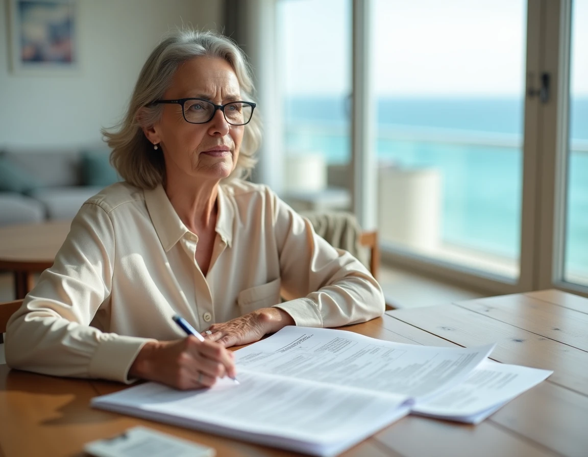 Femme lisant un contrat de copropriété dans un appartement avec vue sur mer, documents immobiliers étalés sur la table
