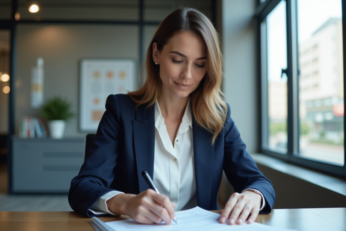 Femme professionnelle examinant un contrat de location au bureau