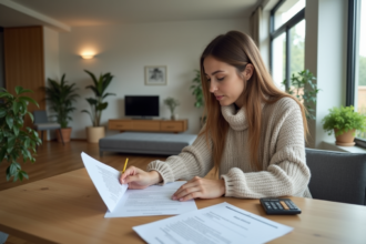 Jeune femme examine un contrat de location dans son appartement