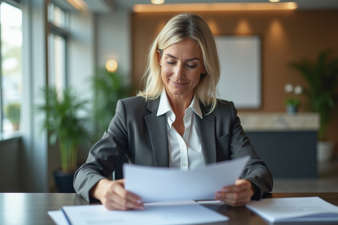Femme d'affaires en bureau moderne examinant un dossier