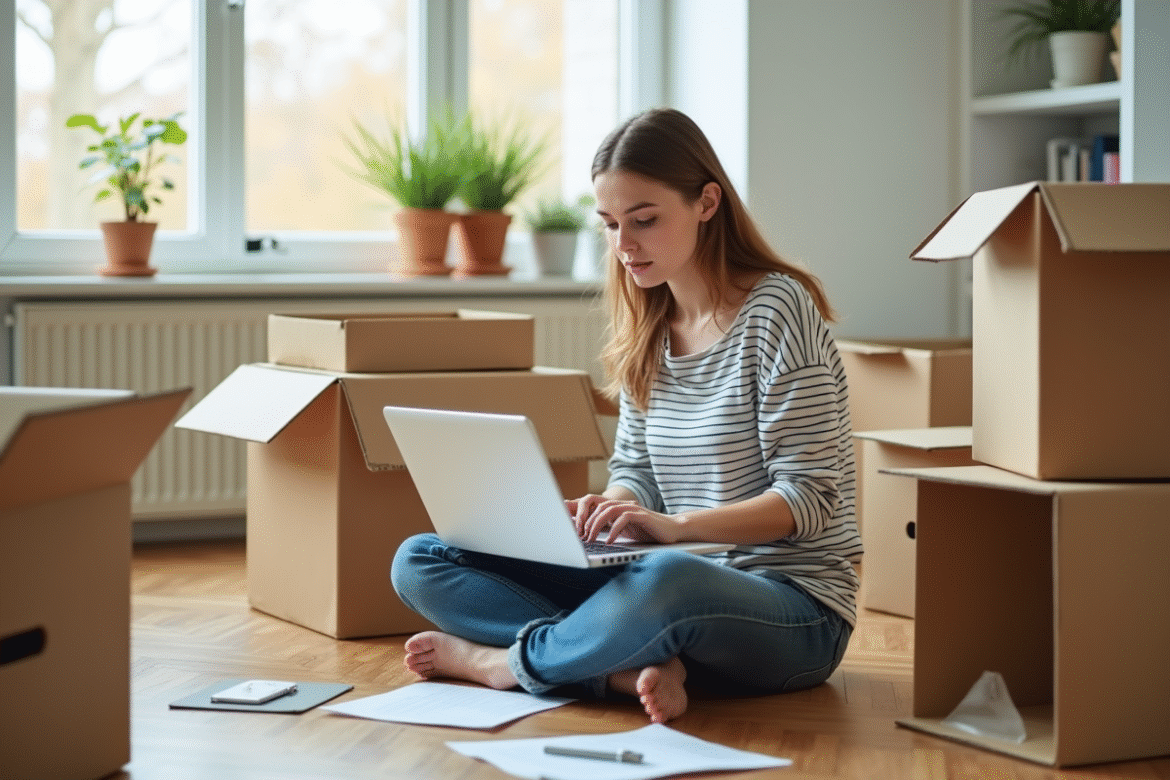 Jeune femme concentrée sur son ordinateur lors d'un déménagement