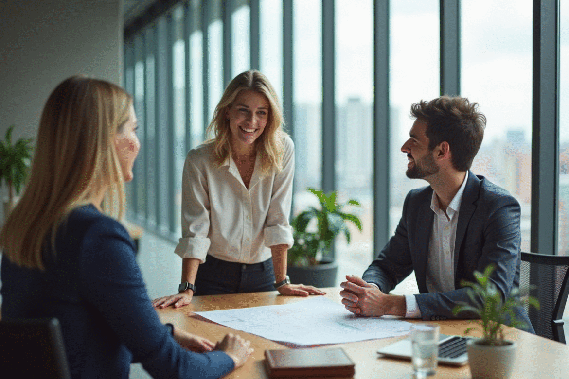 Femme souriante discutant de plans immobiliers au bureau