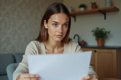 Femme lisant un document dans une cuisine chaleureuse