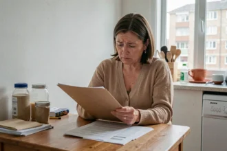 Femme tenant des documents administratifs dans un appartement modeste en attente d'une réponse HLM