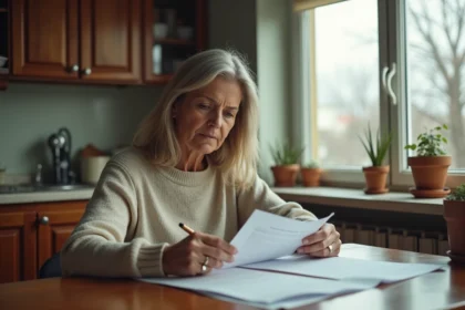 Femme d'âge moyen examinant des documents dans la cuisine