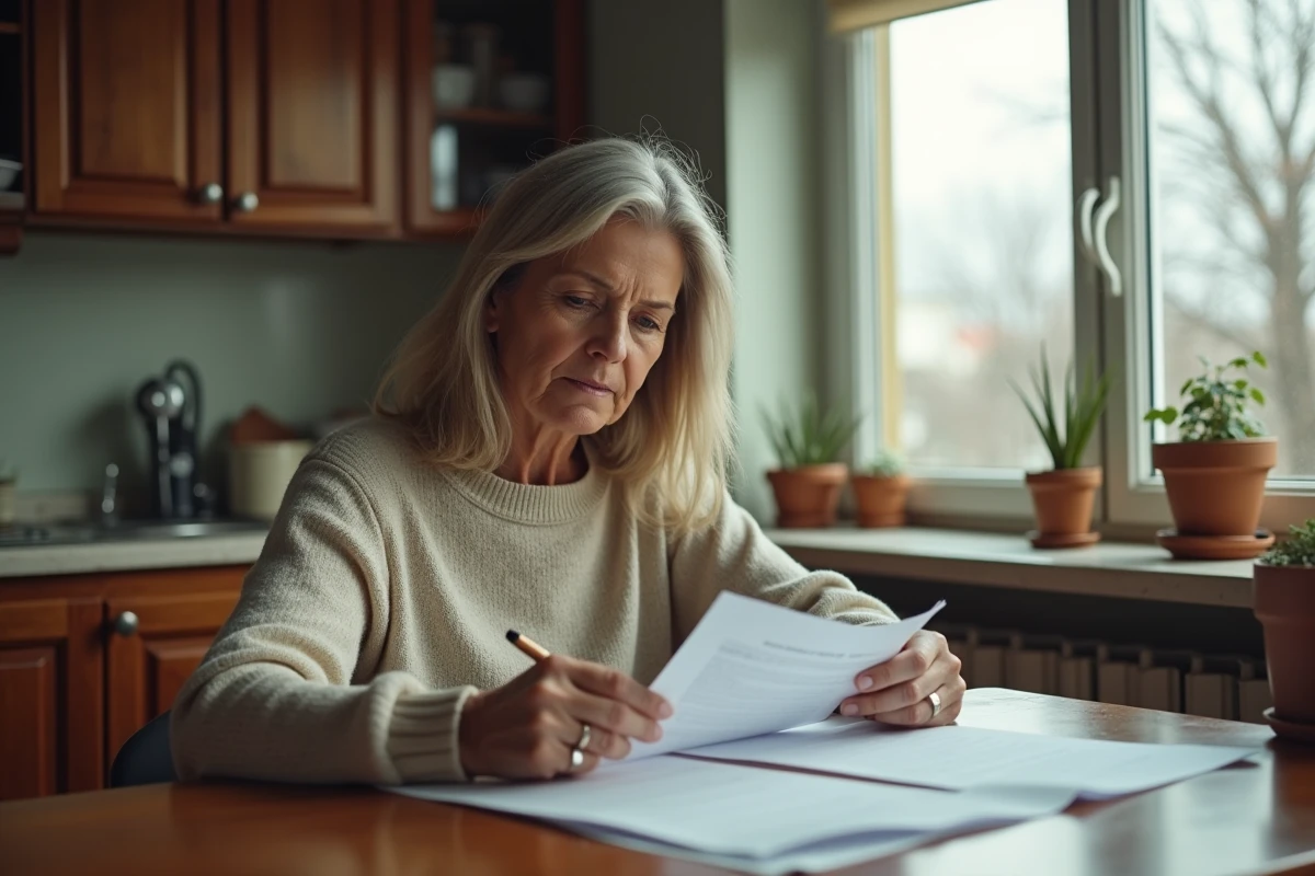 Femme d'âge moyen examinant des documents dans la cuisine