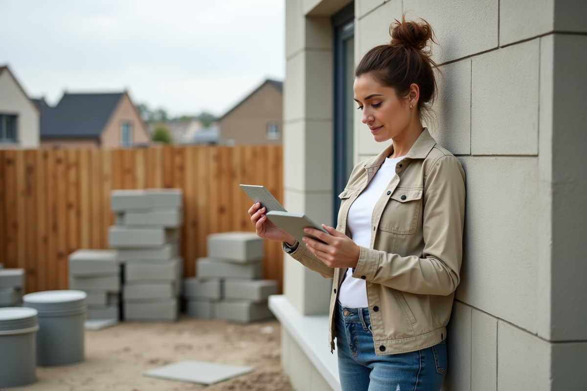 Femme comparant des échantillons de chaux sur un mur extérieur