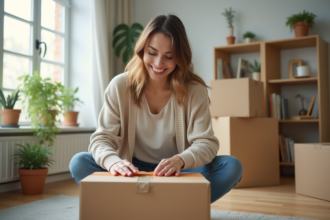 Jeune femme emballant une boxe dans un salon lumineux