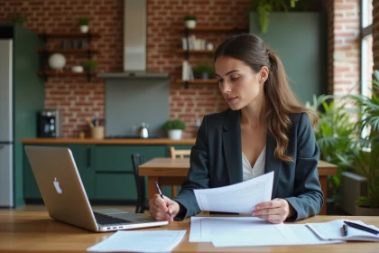 Femme étudie des papiers dans une cuisine moderne